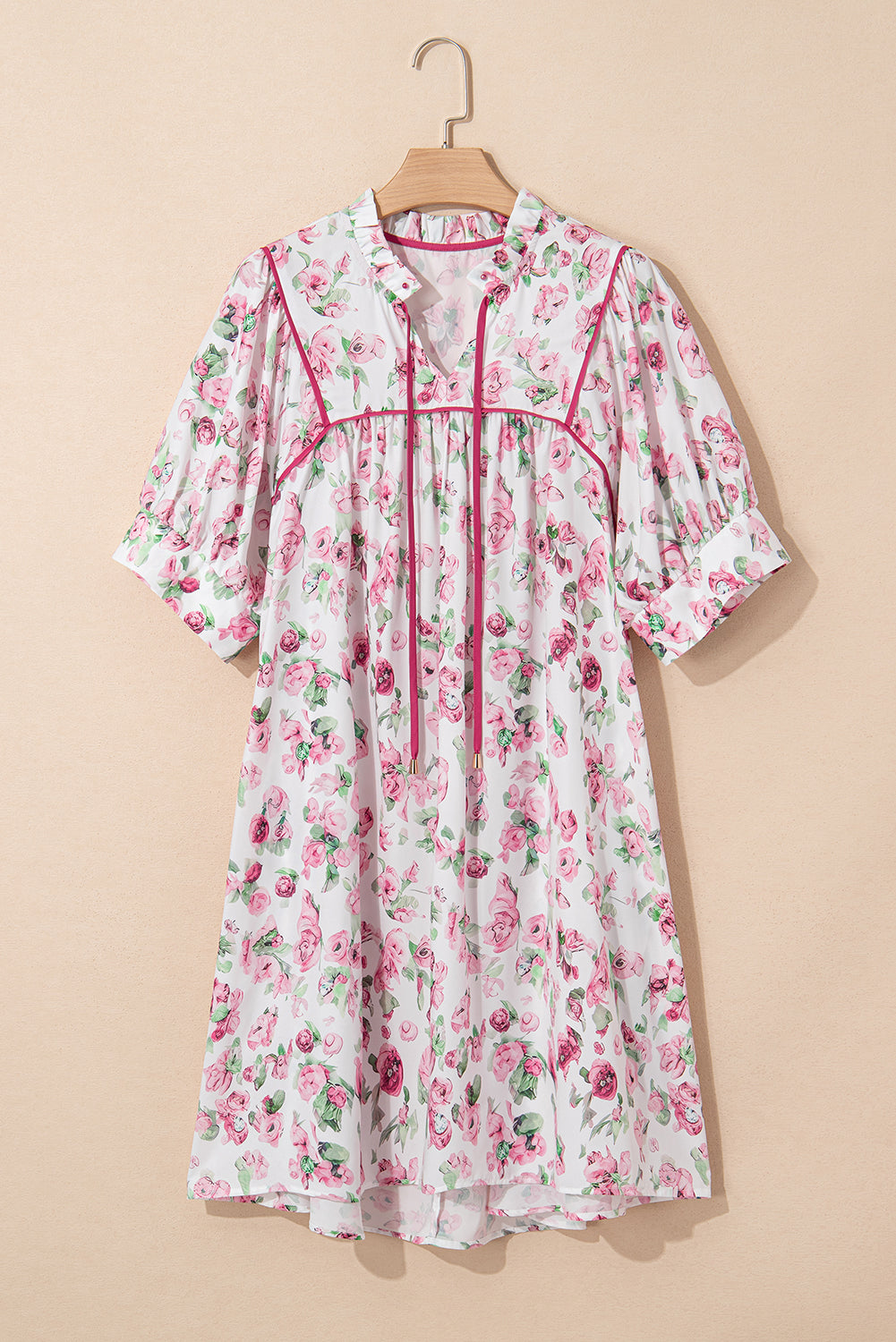 Pink Floral Split Neck Short Sleeve Loose Plus Size Mini Dress BB Fashion Outlet