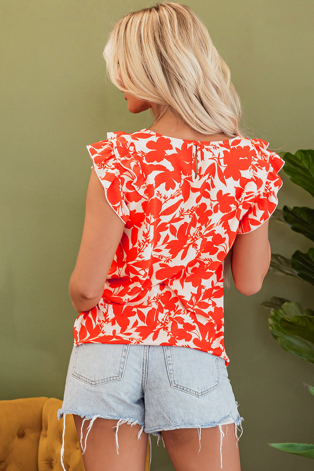 Orange Floral Ruffle Sleeve Print Top eAura