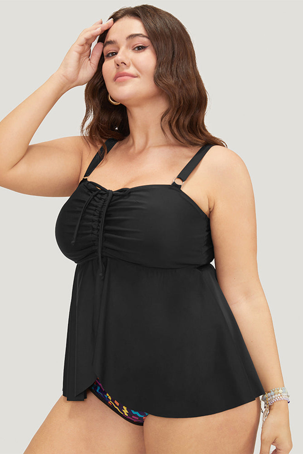 Black Drawstring Tied Front Flared Top Geometric Print Bottom Plus Size Tankinis BB Fashion Outlet