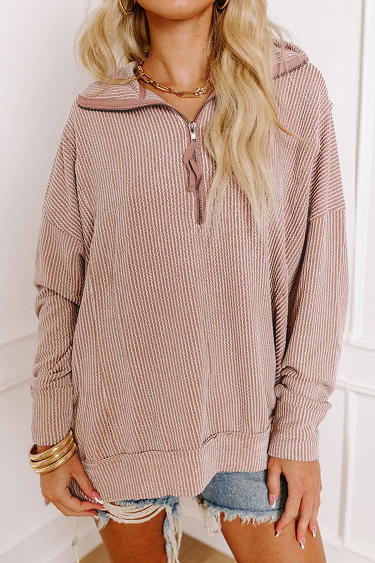Oatmeal Twist Ribbed Zipper Collar Drop Shoulder Long Sleeve Top – Beige