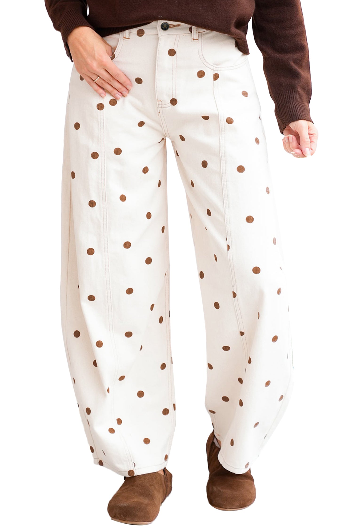 Polka Dot Print Plus Size Barrel Jeans – Beige