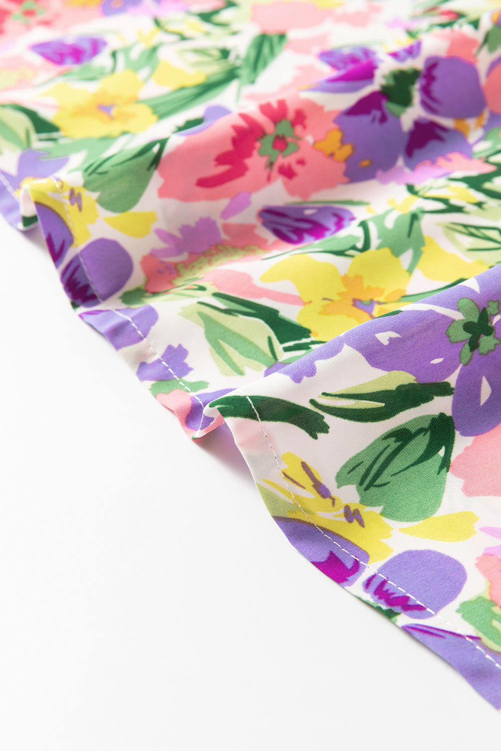 Purple Floral Print Puff Short Sleeve Crew Neck Blouse eAura