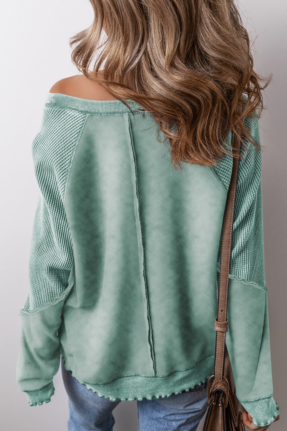 Black Solid Waffle Knit Patchwork Raglan Sleeve Sweatshirt Dear-Lover Dropshipping