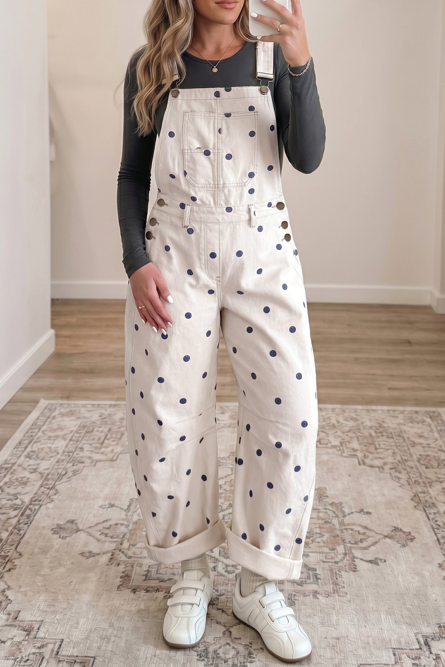 Polka Dot Print Bib Pocket Denim Barrel Overalls