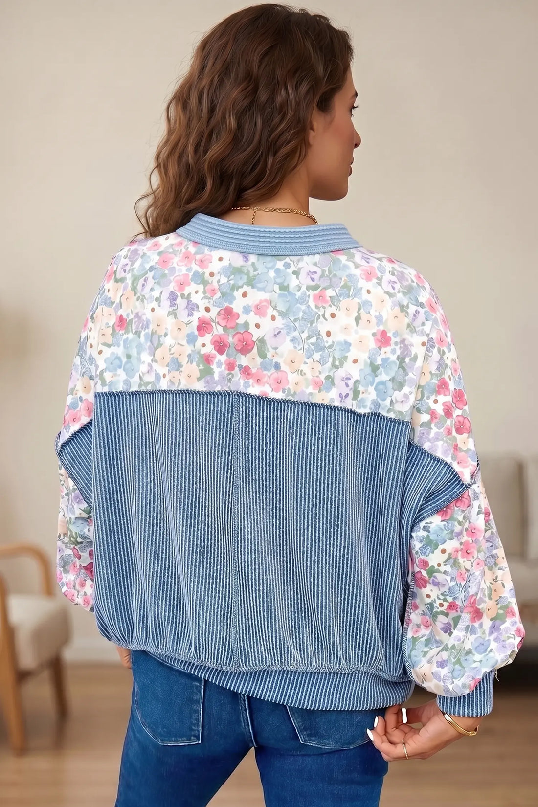 Floral Print Round Neck Long Sleeve Top – Multicolour