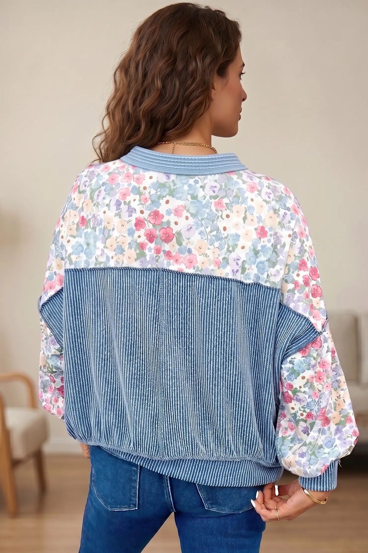 Floral Print Round Neck Long Sleeve Top – Multicolour