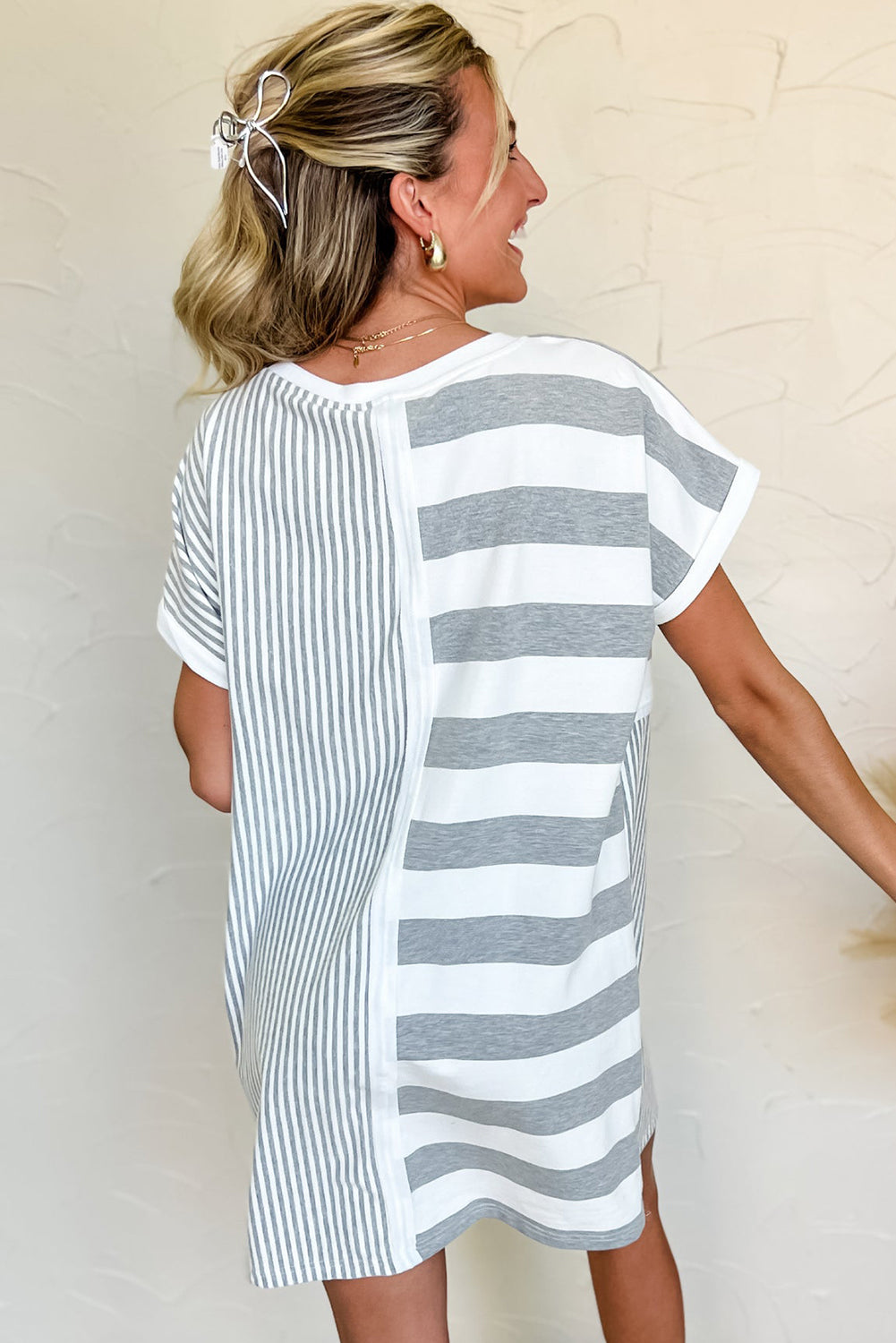 Grey Stripe Mixed Printed Short Sleeve Shift Mini T Shirt Dress eAura