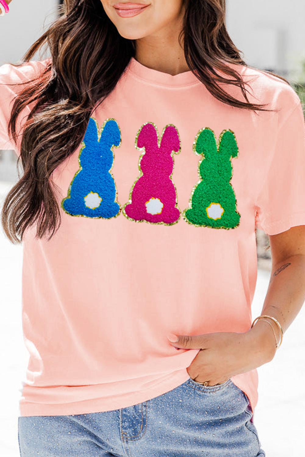 Pink Easter Bunny Chenille Patched Graphic Tee eAura