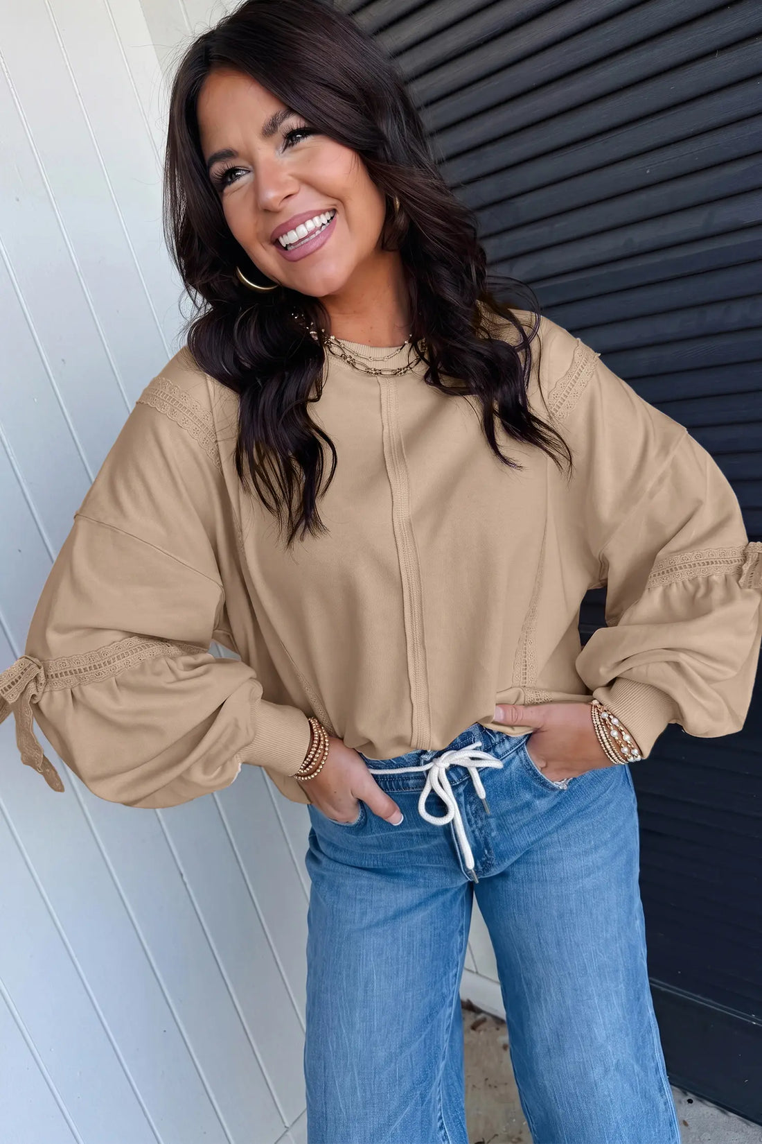 Solid Colour Raw Seam Lace Detail Loose Casual Sweatshirt