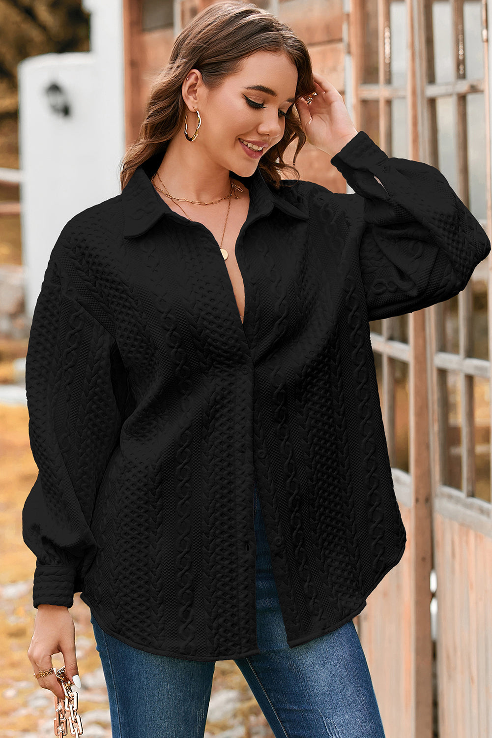 Textured Puff Sleeve Loose Shacket eAura