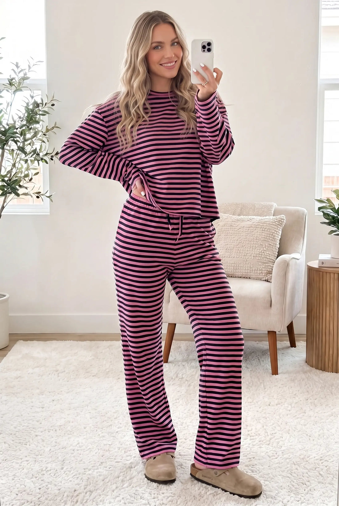 Casual Long Sleeve Top Drawstring Pant Set – Pink Stripe