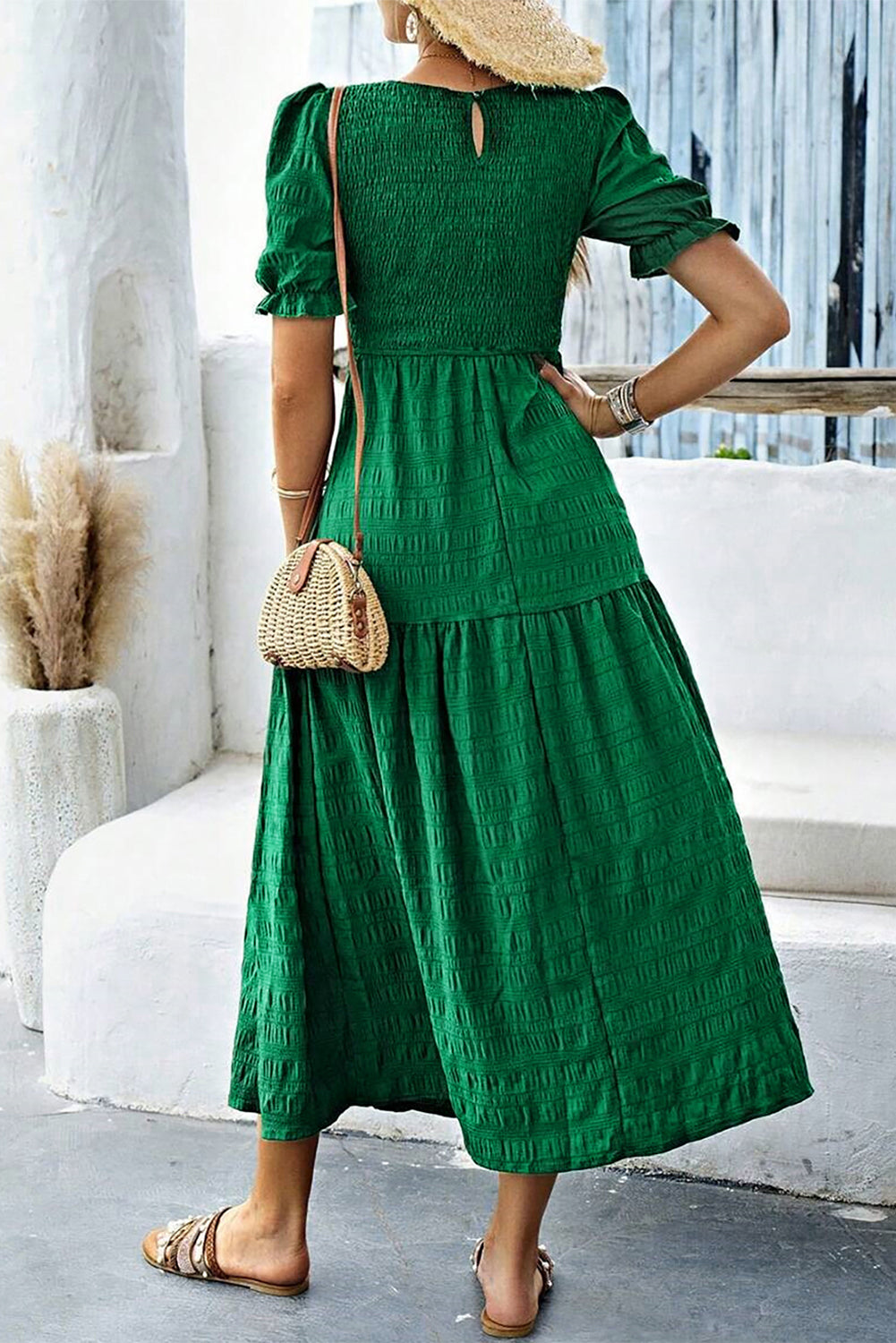 Dark Green Puff Short Sleeve Textured Tiered Maxi Dress eAura