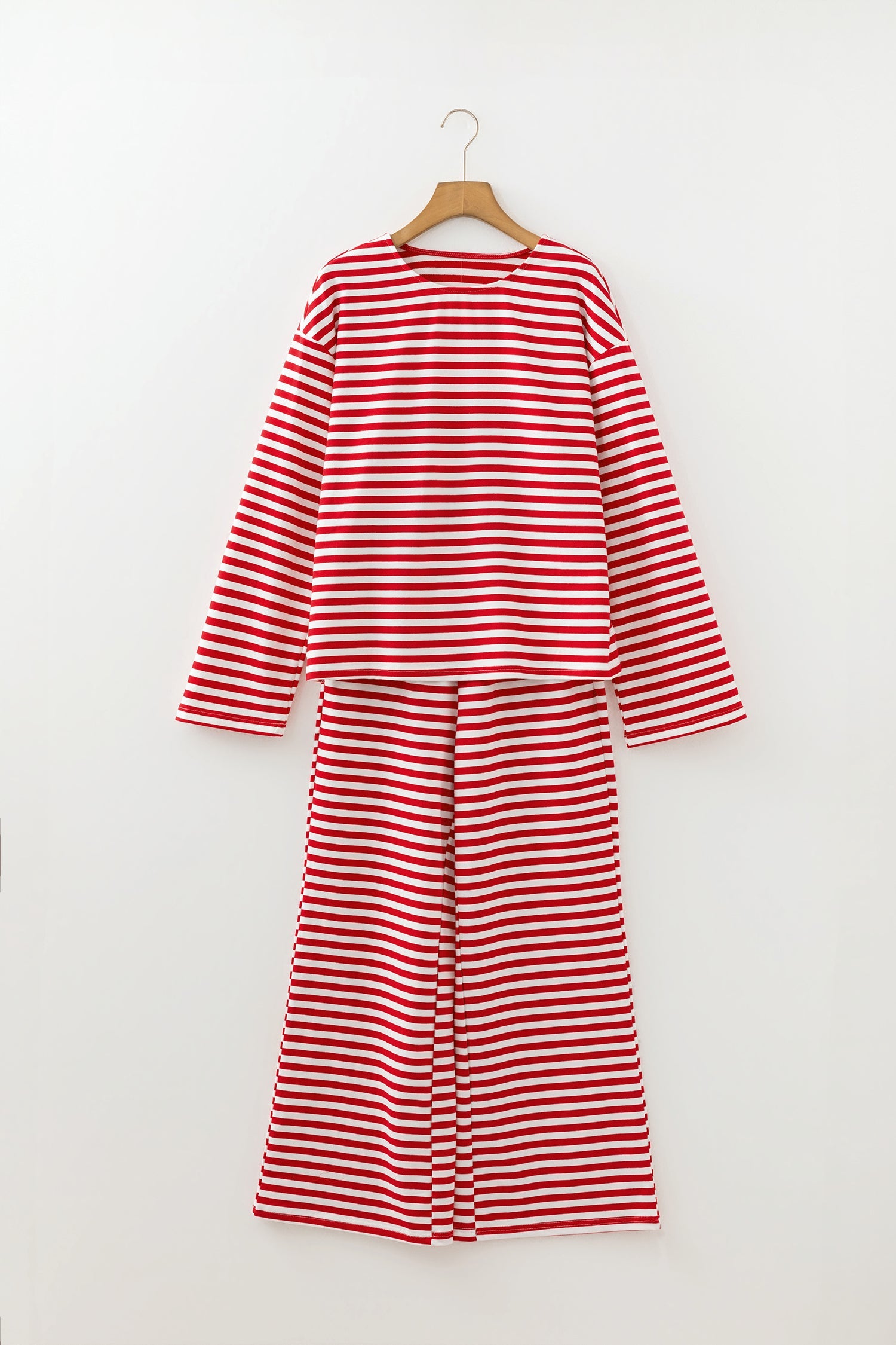 Red Stripe Drop Shoulder Long Sleeve Top Lounge Pants 2pcs Set - Loungewear & Sleepwear/Loungewear