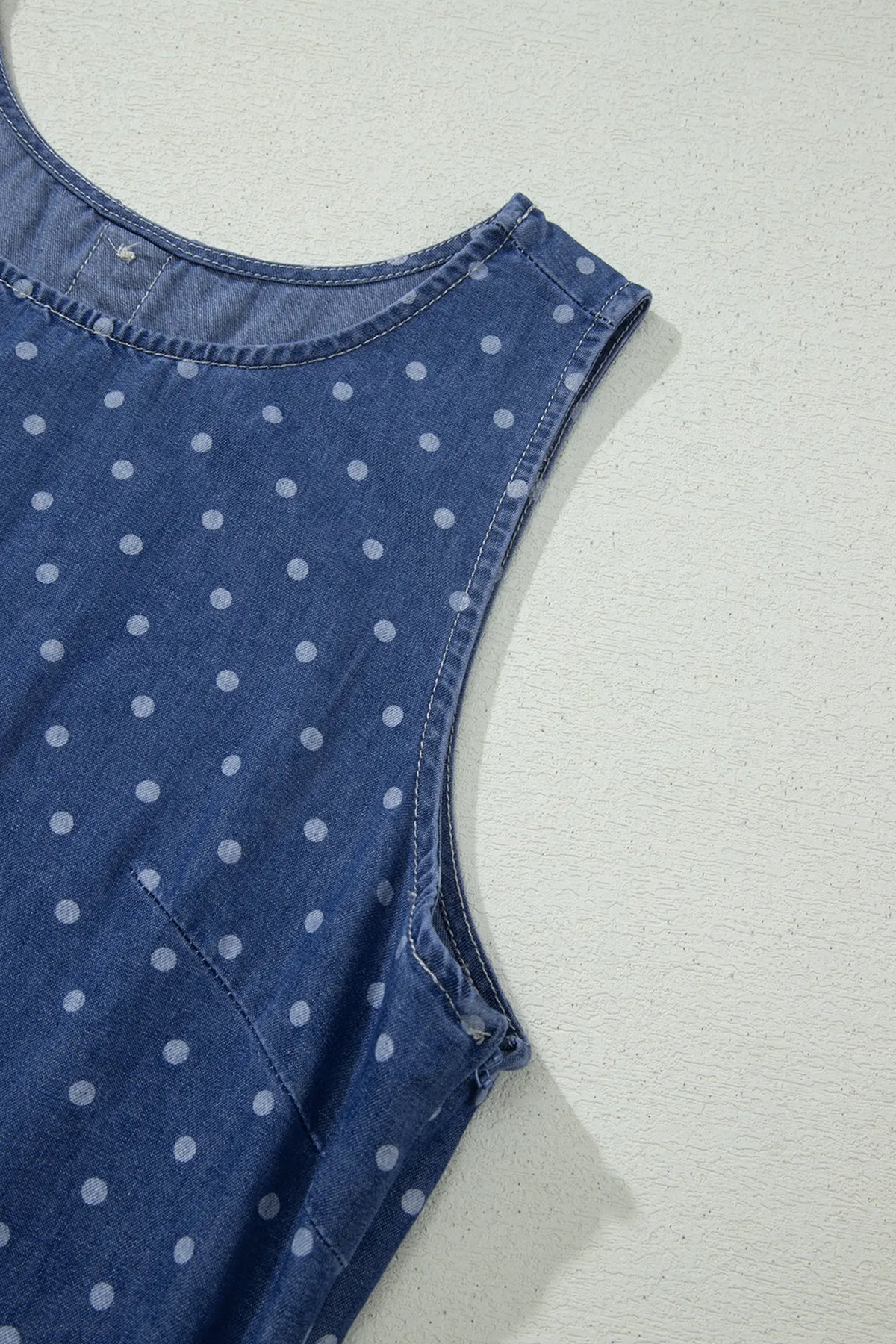 Polka Dot Ruffle Hem Sleeveless Denim Mini Dress – Blue