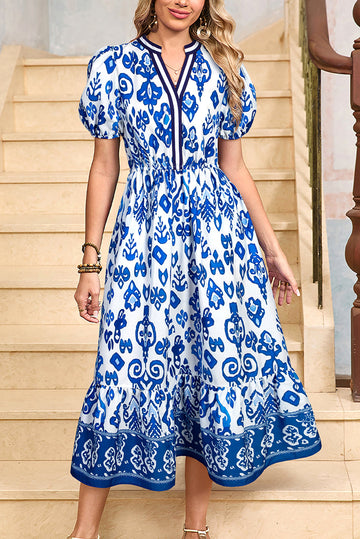 Blue Floral Puff Short Sleeve V Neck High Waist Maxi Dress eAura