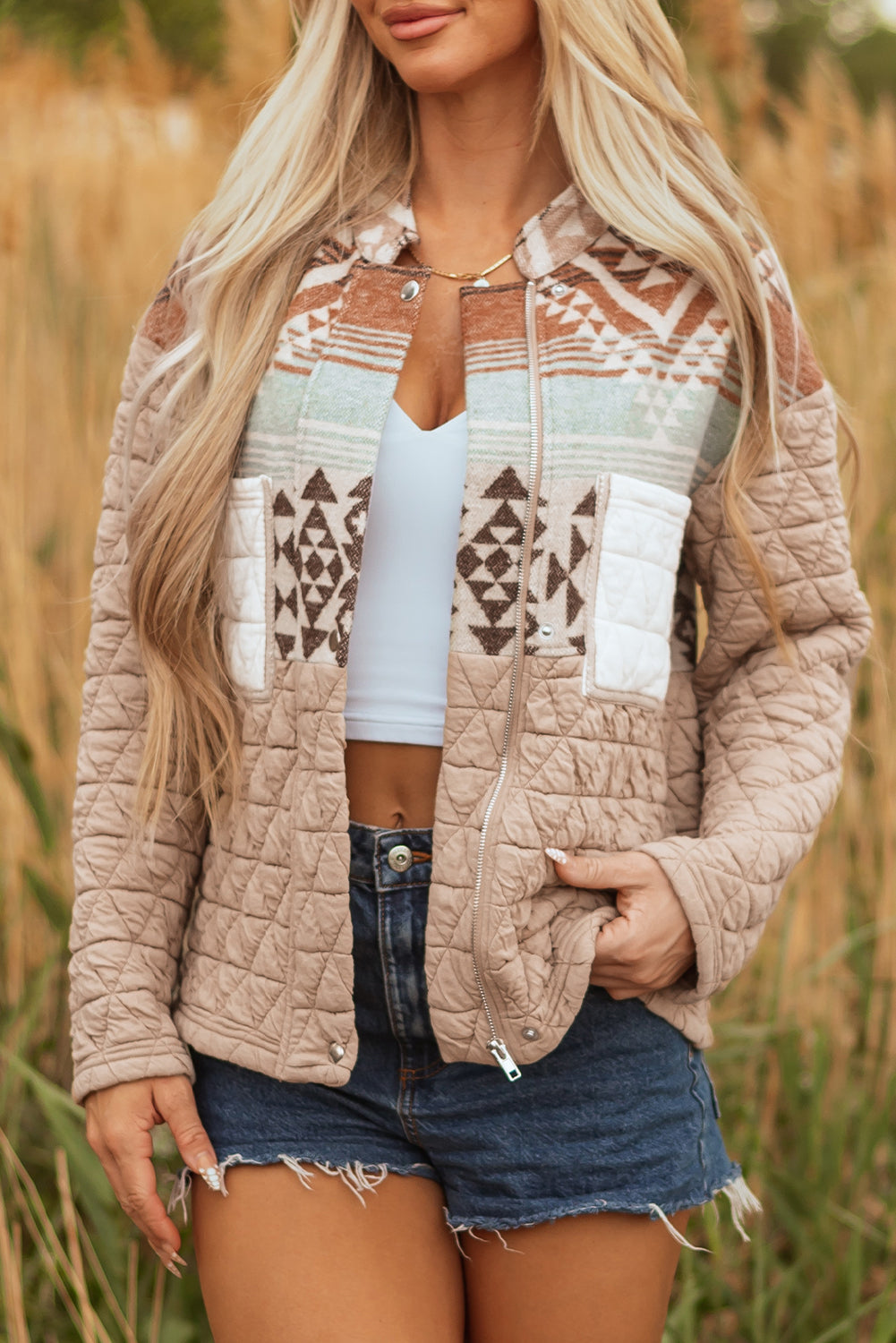 Beige Aztec Quilted Patchwork Western Jacket Dear-Lover Dropshipping