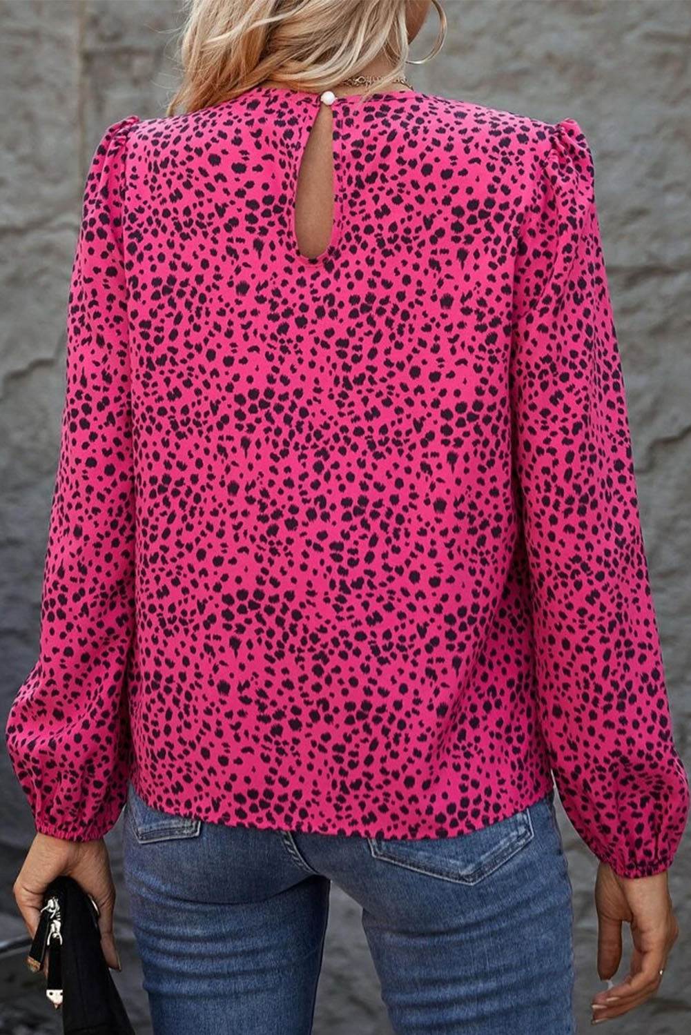 Rose Leopard Print Pleated Blouse with Keyhole eAura