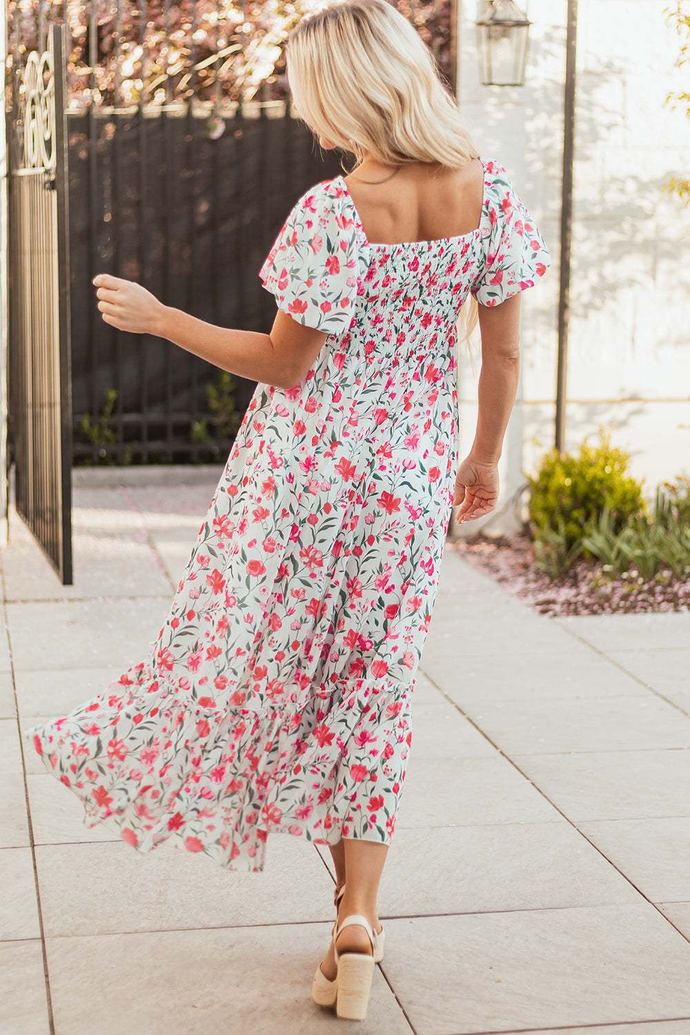 Pink Floral Puff Sleeve Square Neck Empire Waist Tiered Maxi Dress eAura
