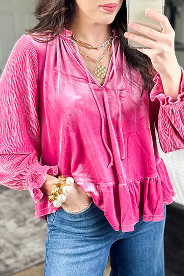 V Neck Velvet Ruffled Cuffs Hem Long Sleeve Top – Strawberry Pink