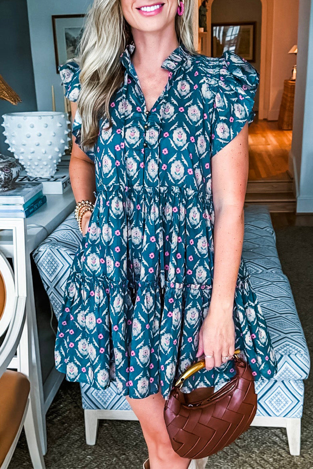 Blue Retro Floral Print Split Neck Ruffle Short Sleeve Dress eAura