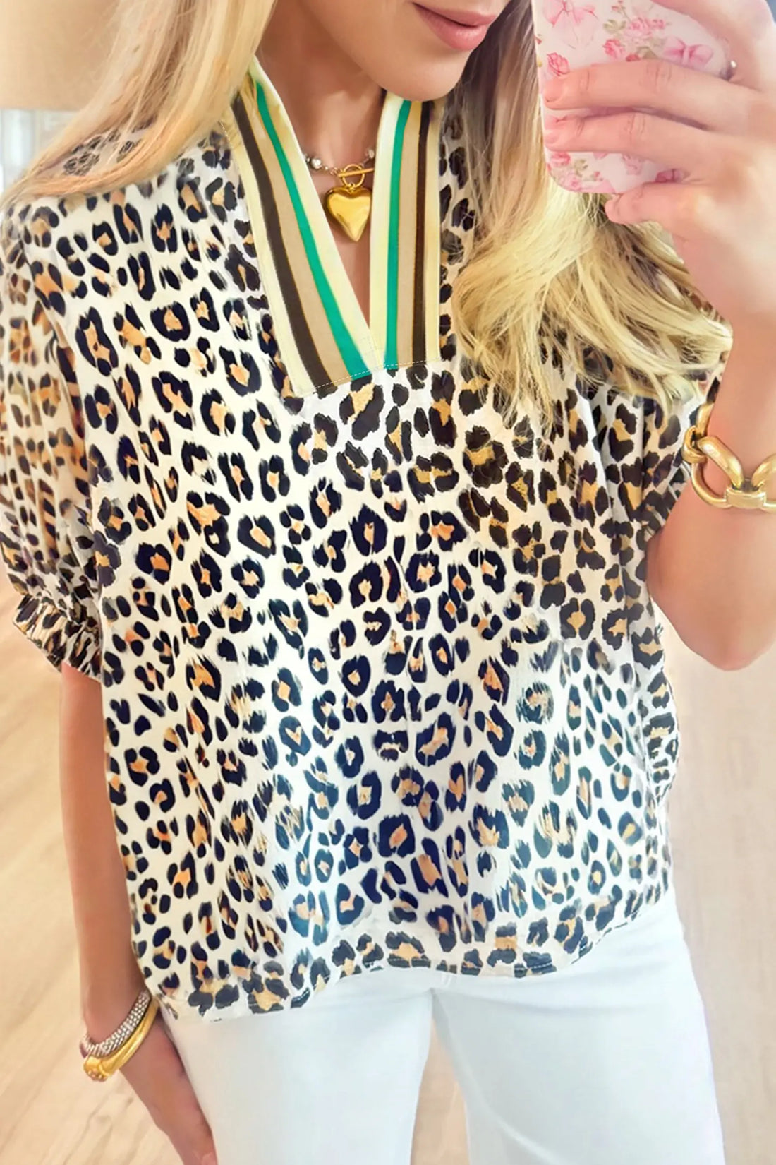 Leopard Contrast Striped V-Neck Loose Fit Blouse
