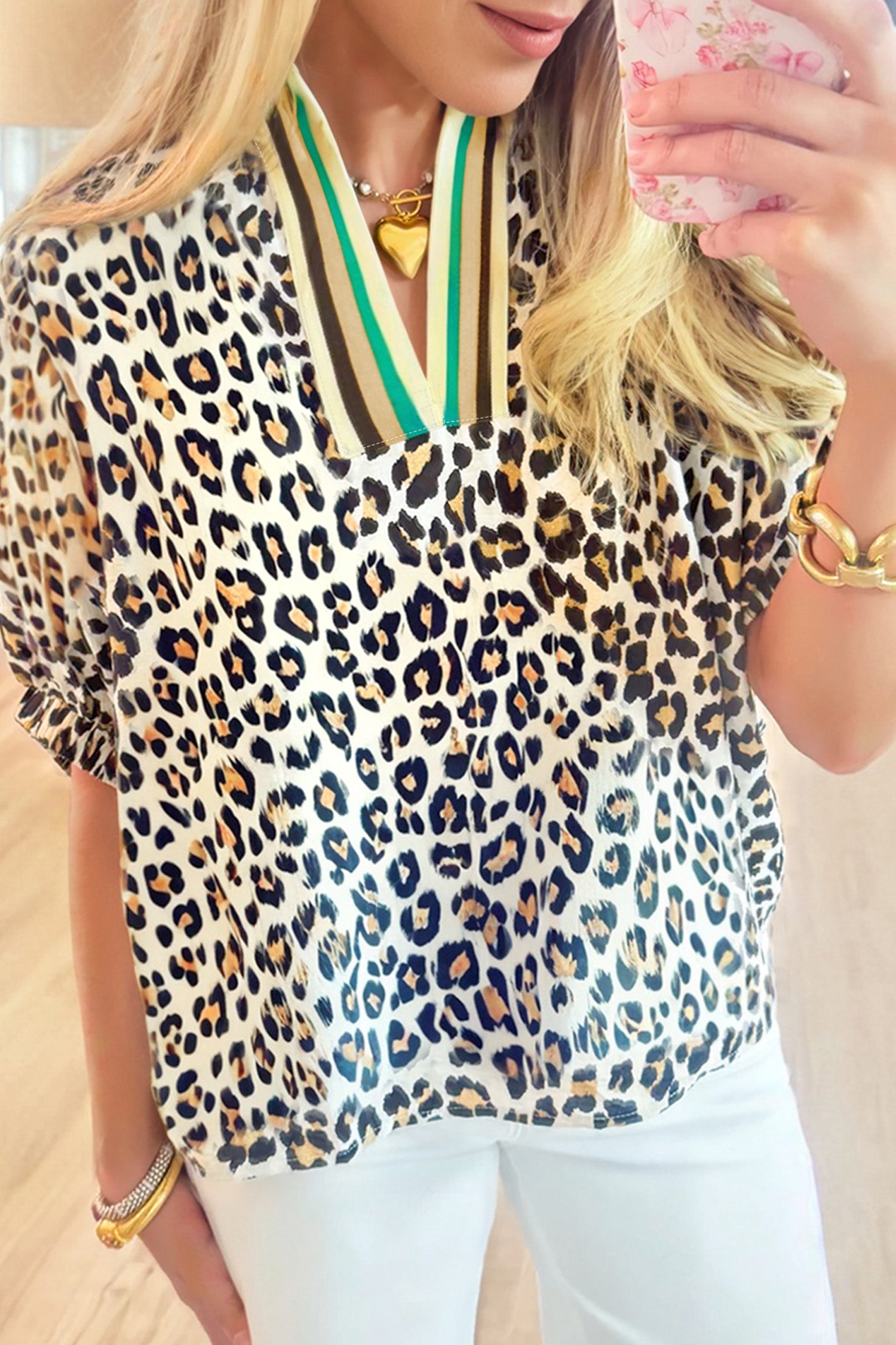 Leopard Contrast Striped V-Neck Loose Fit Blouse
