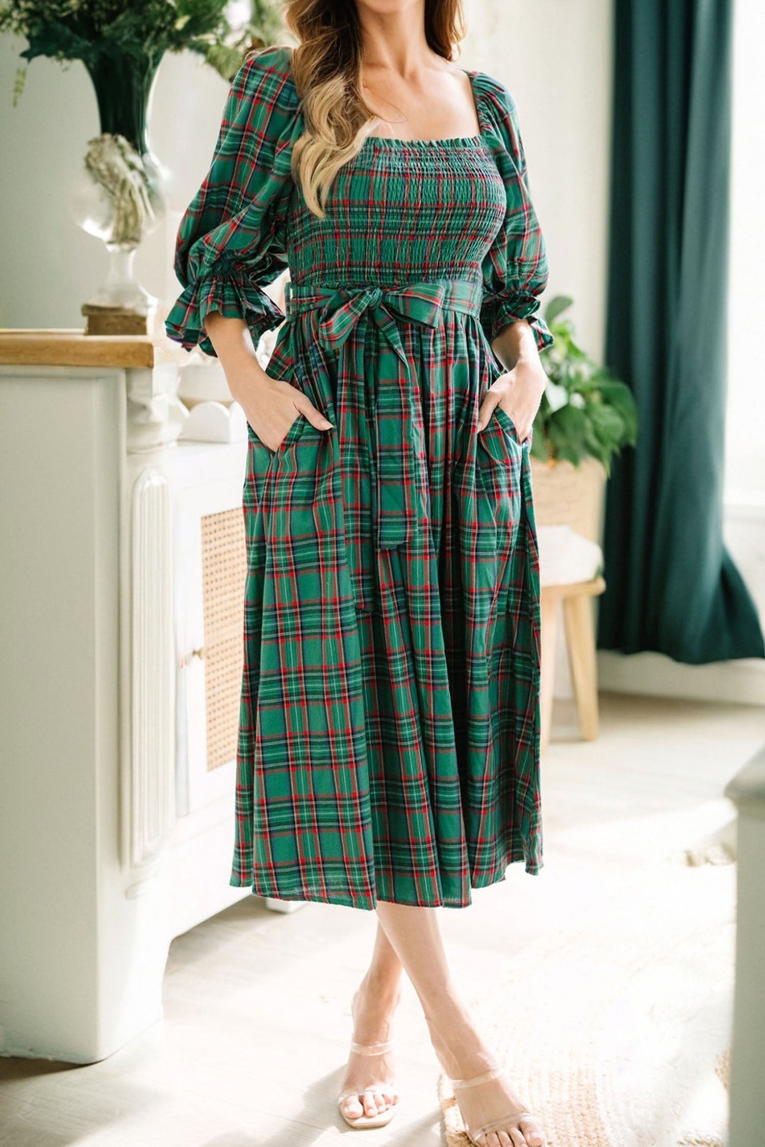 Tartan Plaid Square Neck Puff Sleeve Knot Waist Flared Midi Dress - eAura