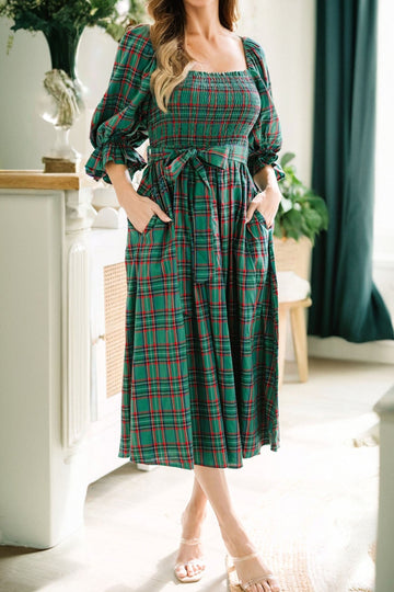Tartan Plaid Square Neck Puff Sleeve Knot Waist Flared Midi Dress - eAura