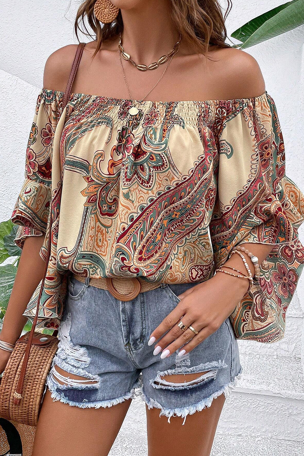 Apricot Paisley Printed Shirred Off Shoulder Ruffled Draped Sleeve Blouse eAura