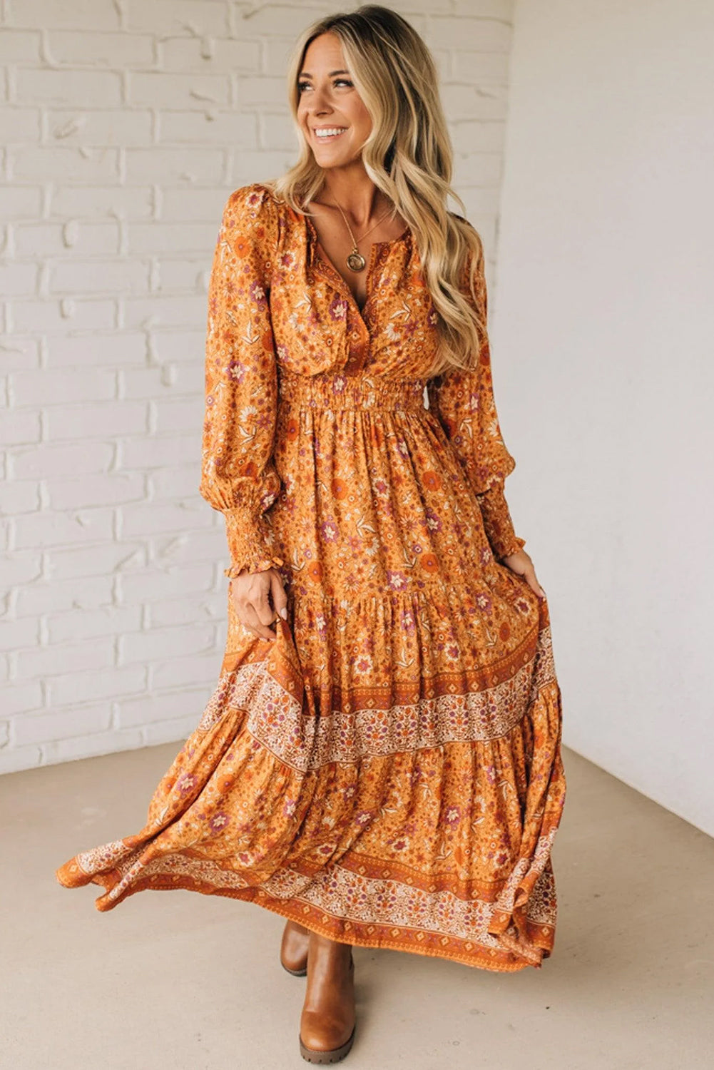 Floral Print Smocked Waist Long Sleeve Boho Maxi Dress - Dresses/Maxi Dresses
