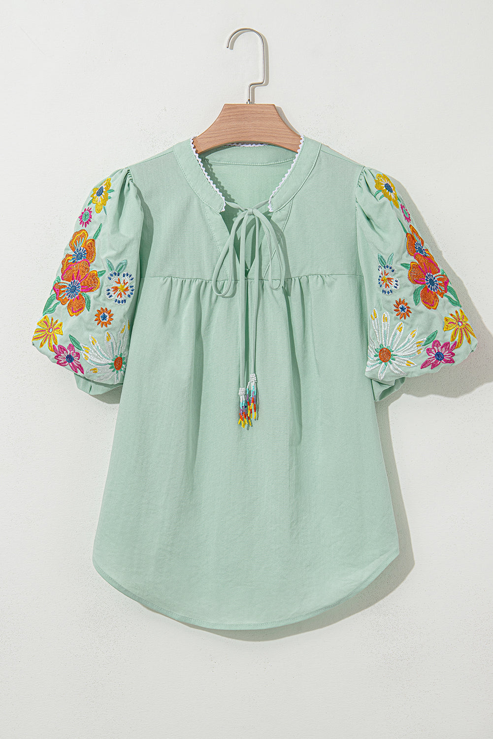 Floral Embroidered Puff Sleeve Split Neck Blouse eAura