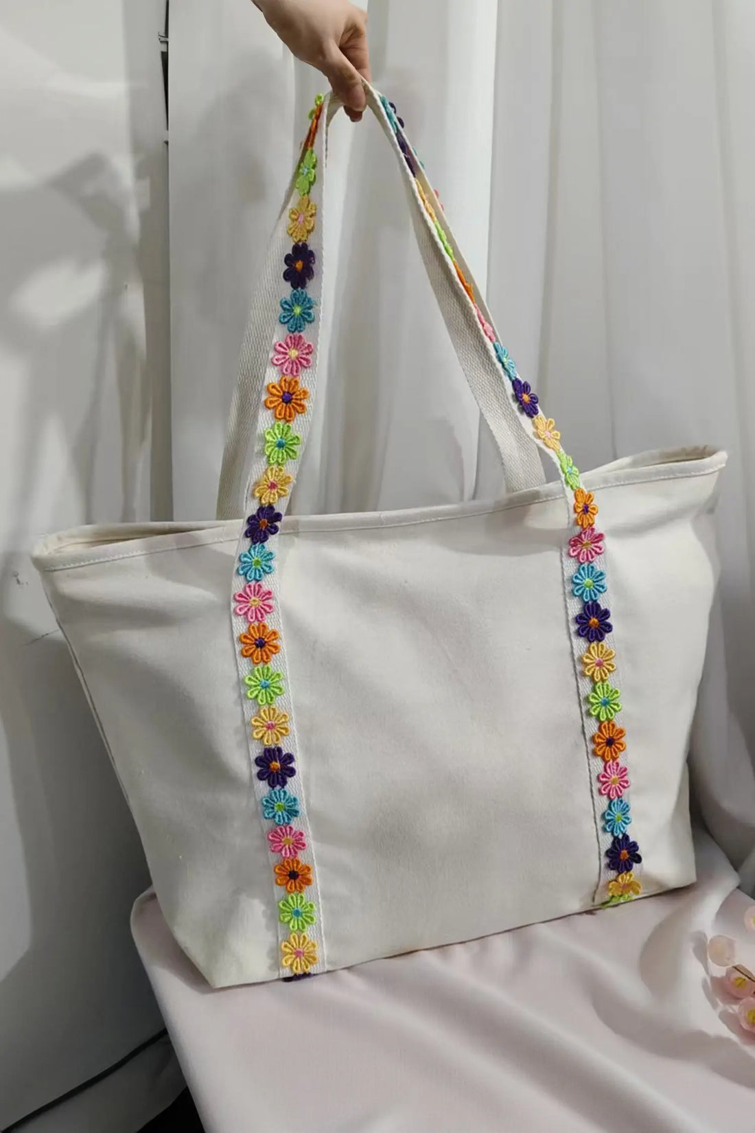 Canvas Tote Bag with Embroidered Floral Strap Detail