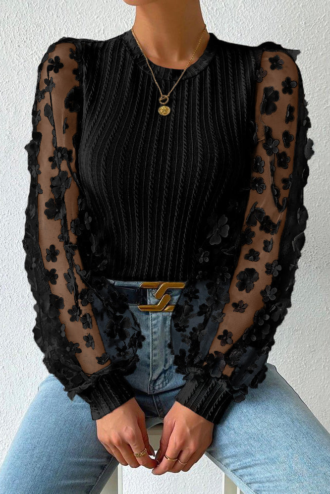 Floral Applique Mesh Sleeves Textured Knit Blouse eAura