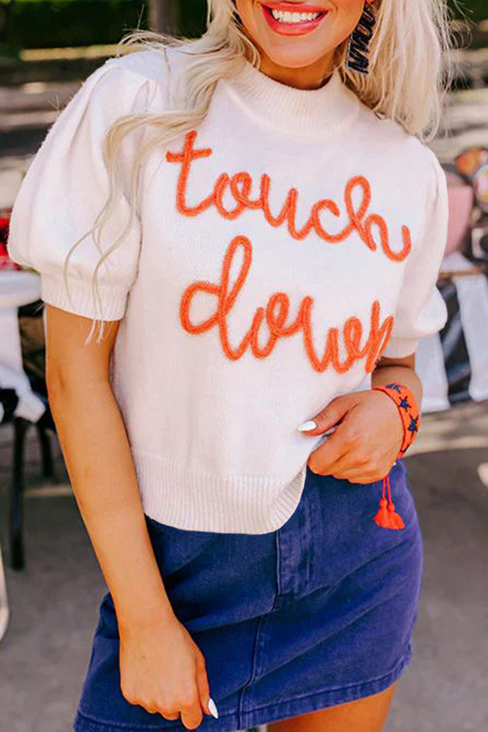 White Touchdown Tinsel Puff Short Sleeve Crew Neck Sweater eAura