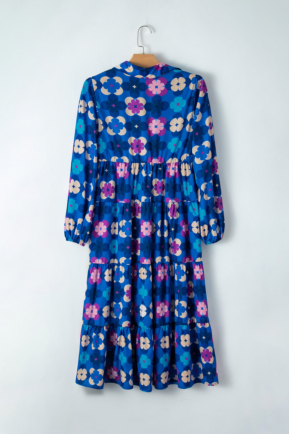 Blue Floral Peasant Sleeve Tiered Ruffle Midi Dress eAura