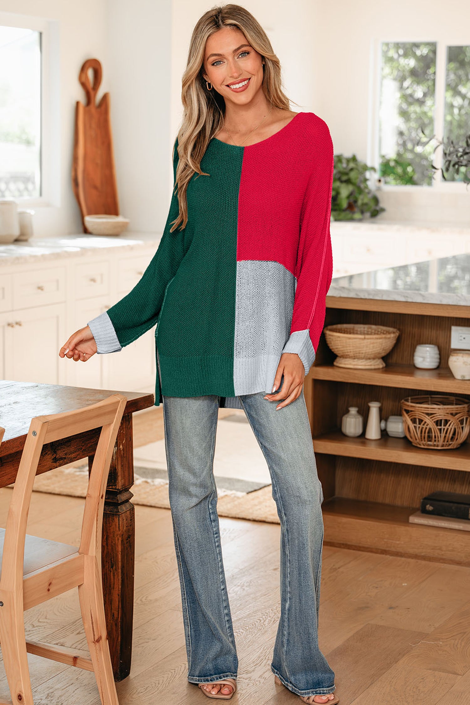 Colour Block Knit V-Neck Sweater - Sweaters & Cardigans/Sweaters