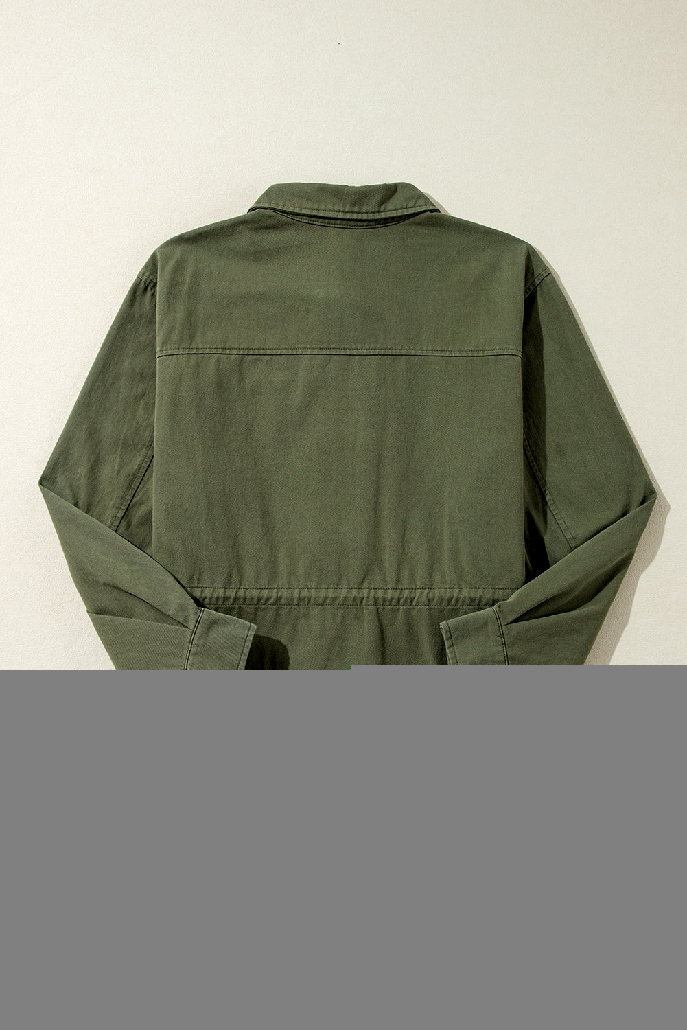 Moss Green Snap Button Zipper Tight Waist Collared Jacket eAura