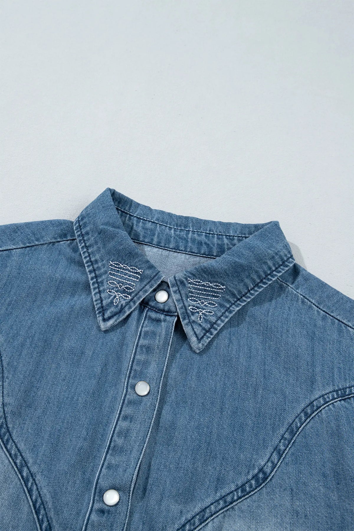 Embroidered Western Detail Long Sleeve Collar Shirt – Blue