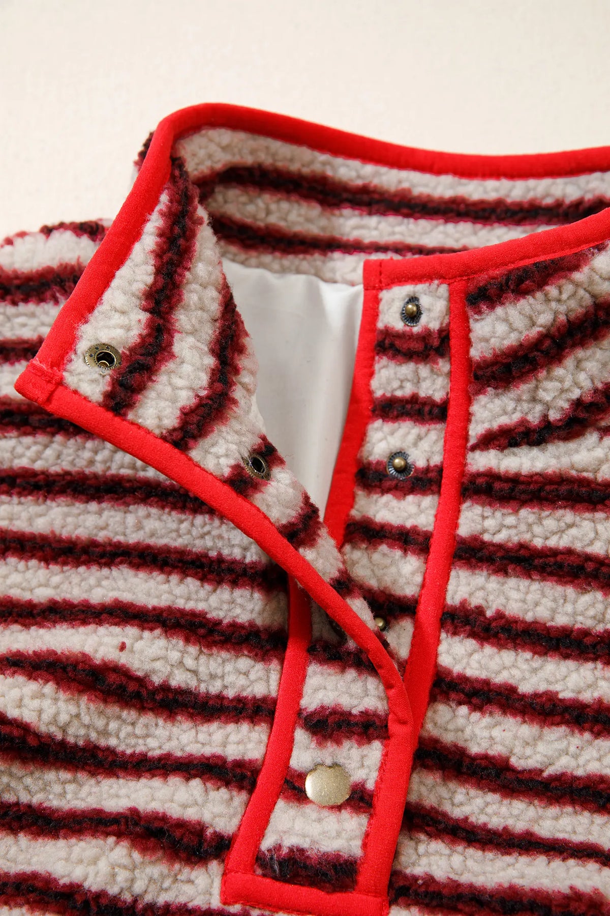 Red Striped Fuzzy Colorblock Button Placket Sweatshirt
