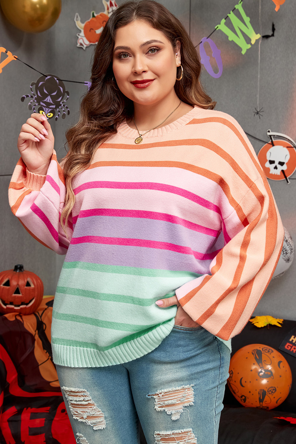 Pink Stripe Color Block Balloon Sleeve Crewneck Plus Size Sweater BB Fashion Outlet