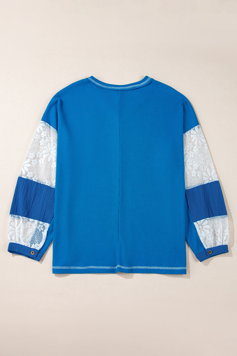 Sky Blue Lace Floral Patchwork Sleeve Stitching V Neck Rib Knit Blouse eAura