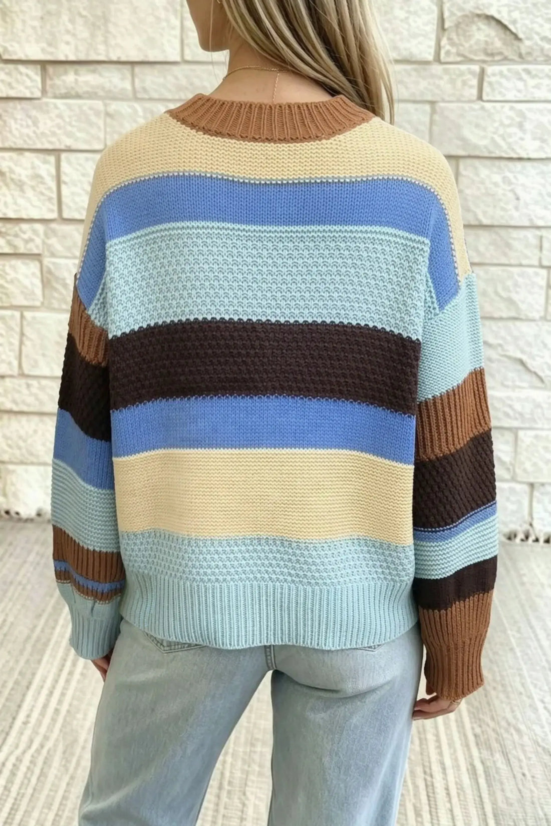 Colour Block Striped Round Neck Relaxed Sweater