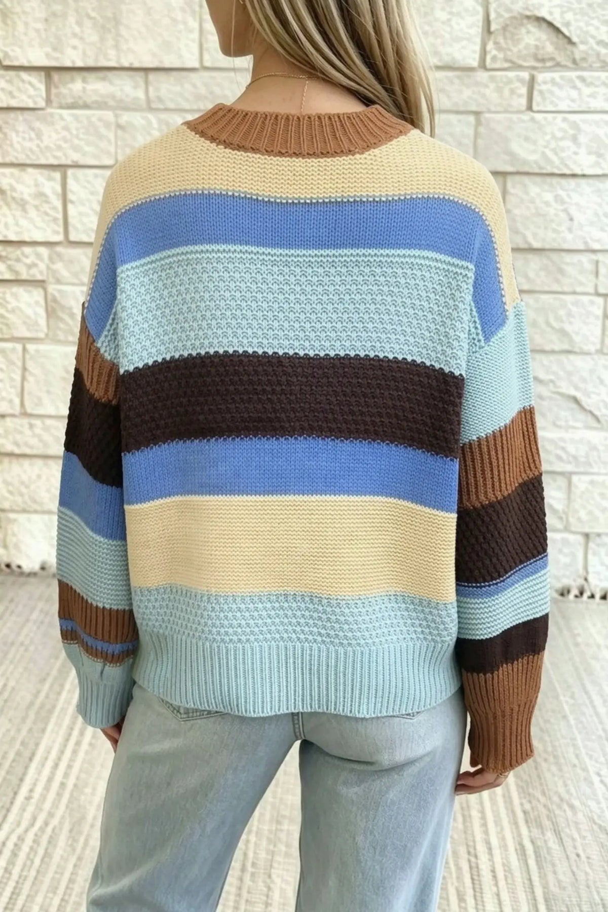 Colour Block Striped Round Neck Relaxed Sweater