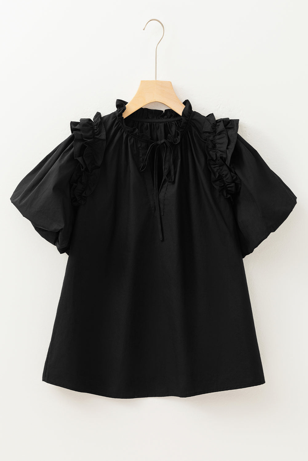 Black Ruffled Puff Short Sleeve Loose Blouse eAura