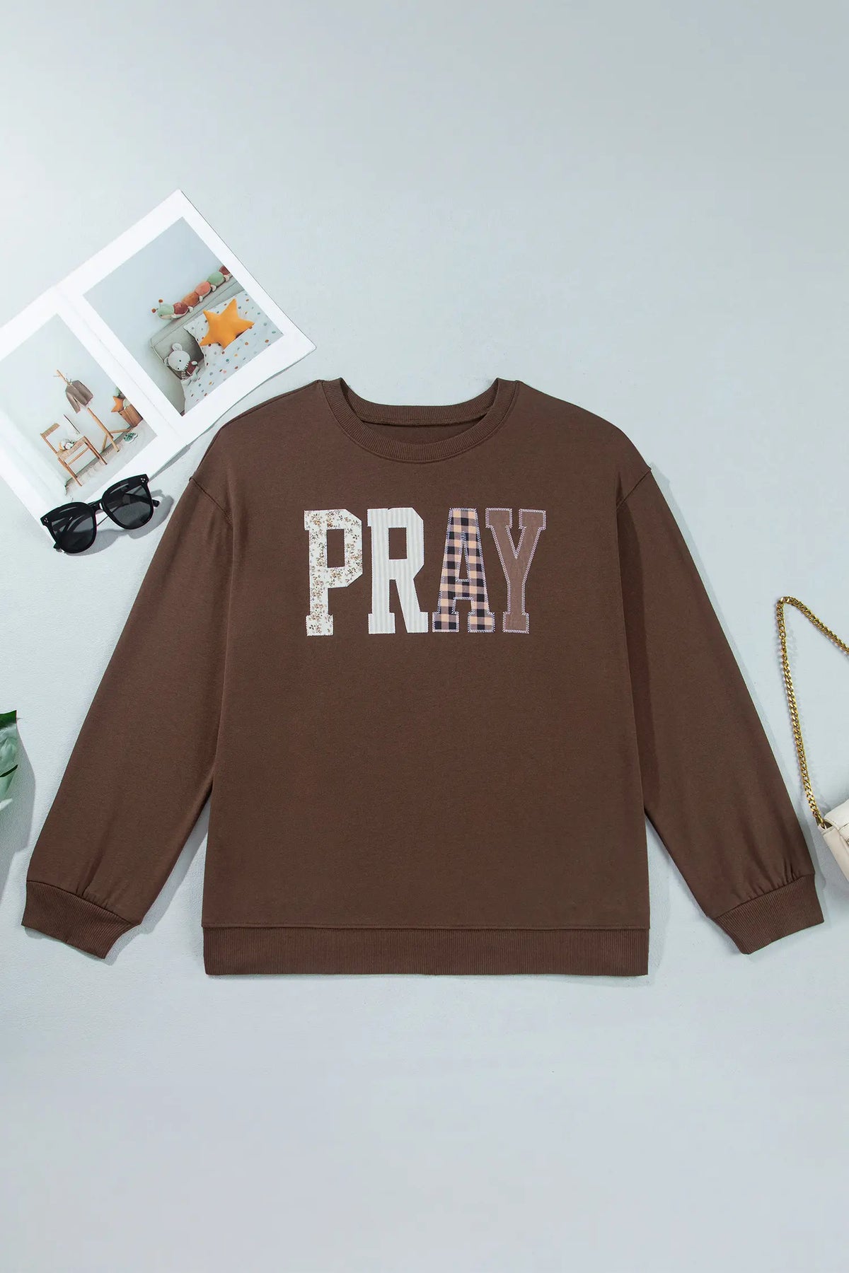 Coffee PRAY Letter Patchwork Round Neck Long Sleeve Plus Size Sweatshirt – Brown