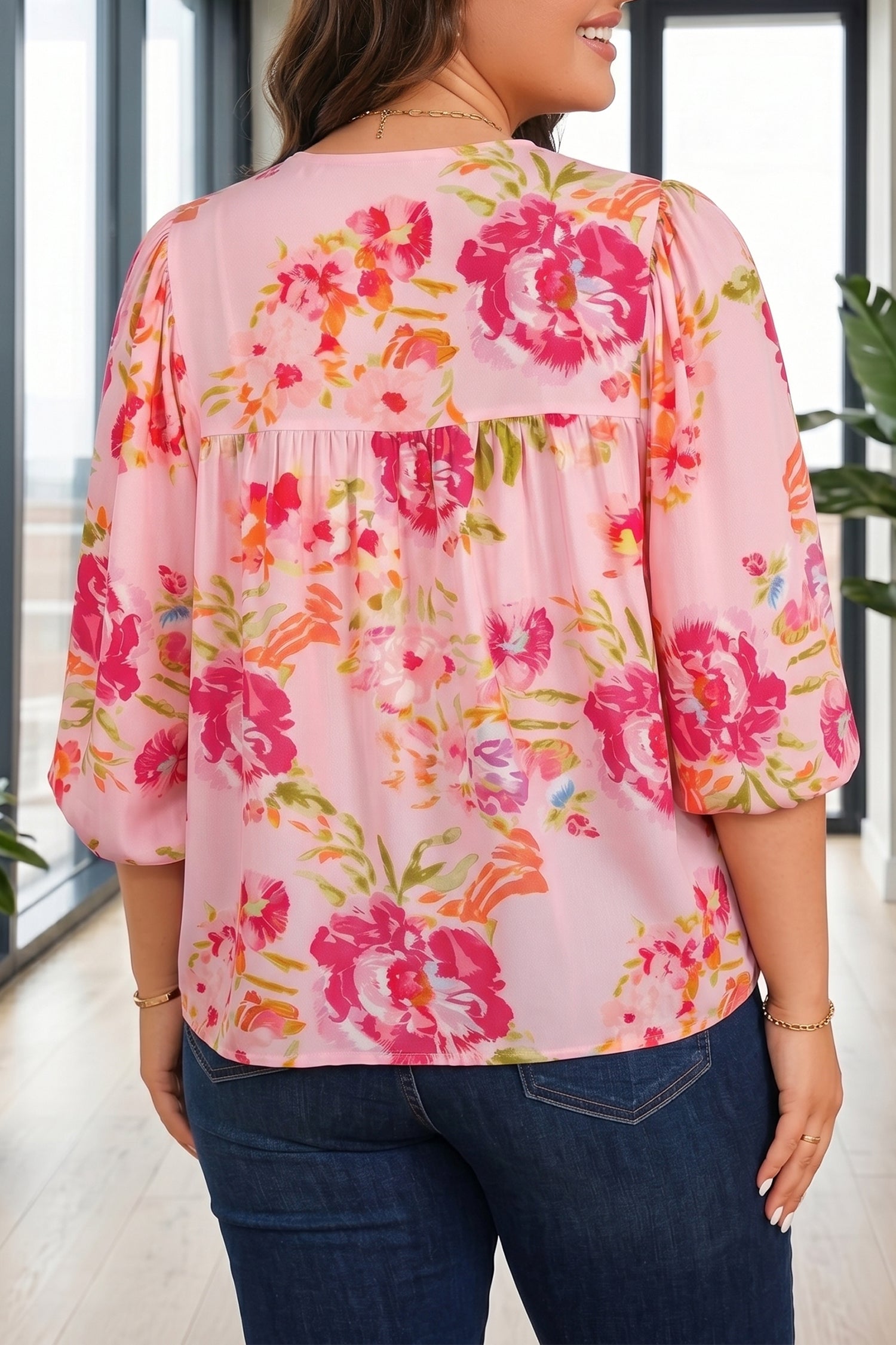 Plus Size Floral Print V Neck Tie Front Short Sleeve Tunic Top – Pink
