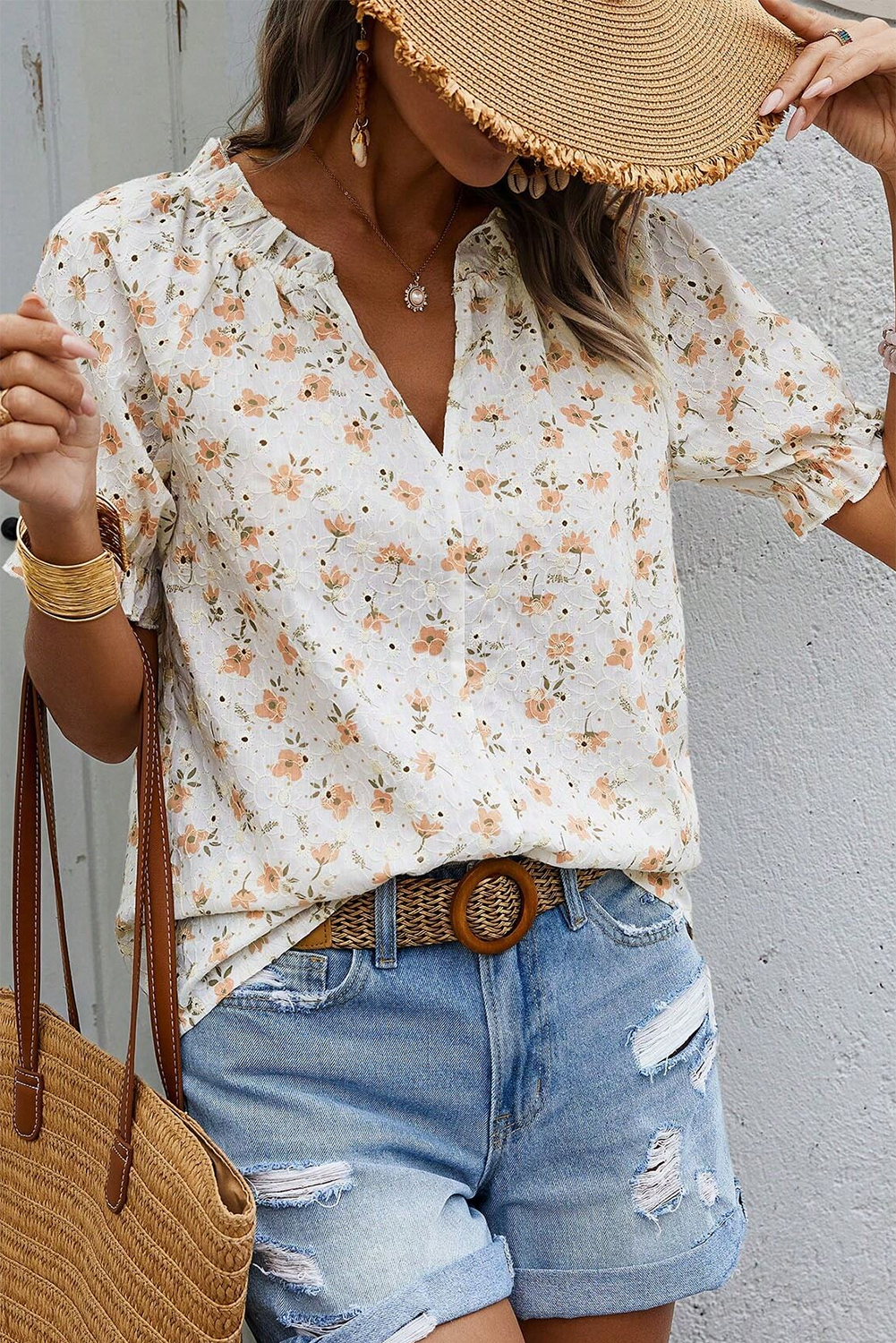 White Floral Eyelet Embroidered Puff Sleeve Notch V Neck Blouse eAura
