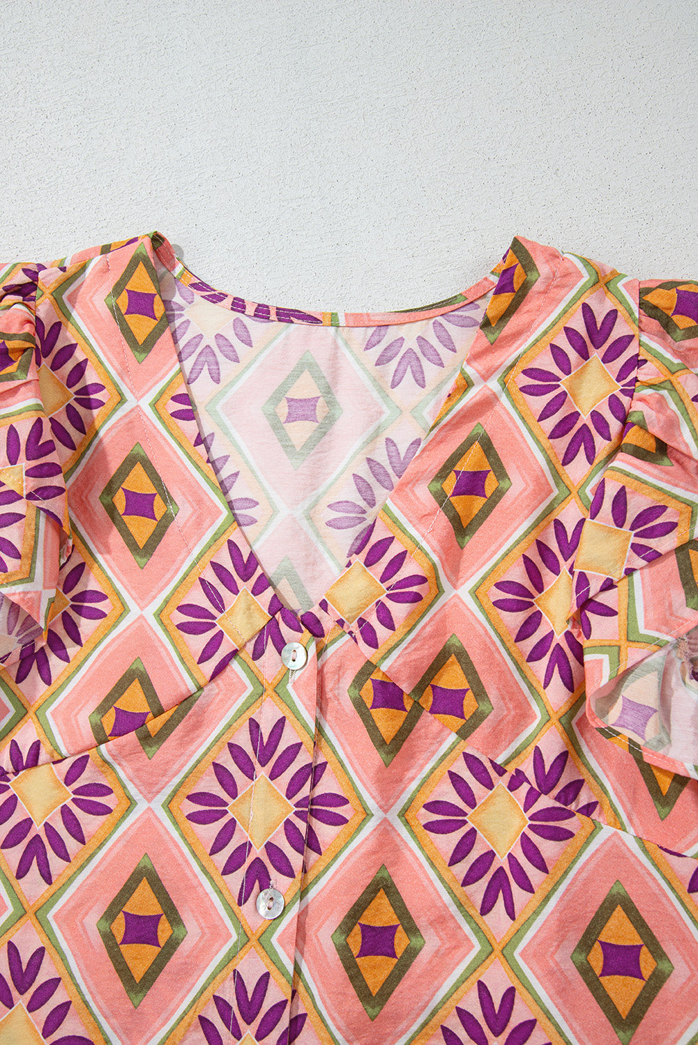 Orange Geometric Floral V Neck Buttoned Ruffled Sleeve Mini Dress eAura