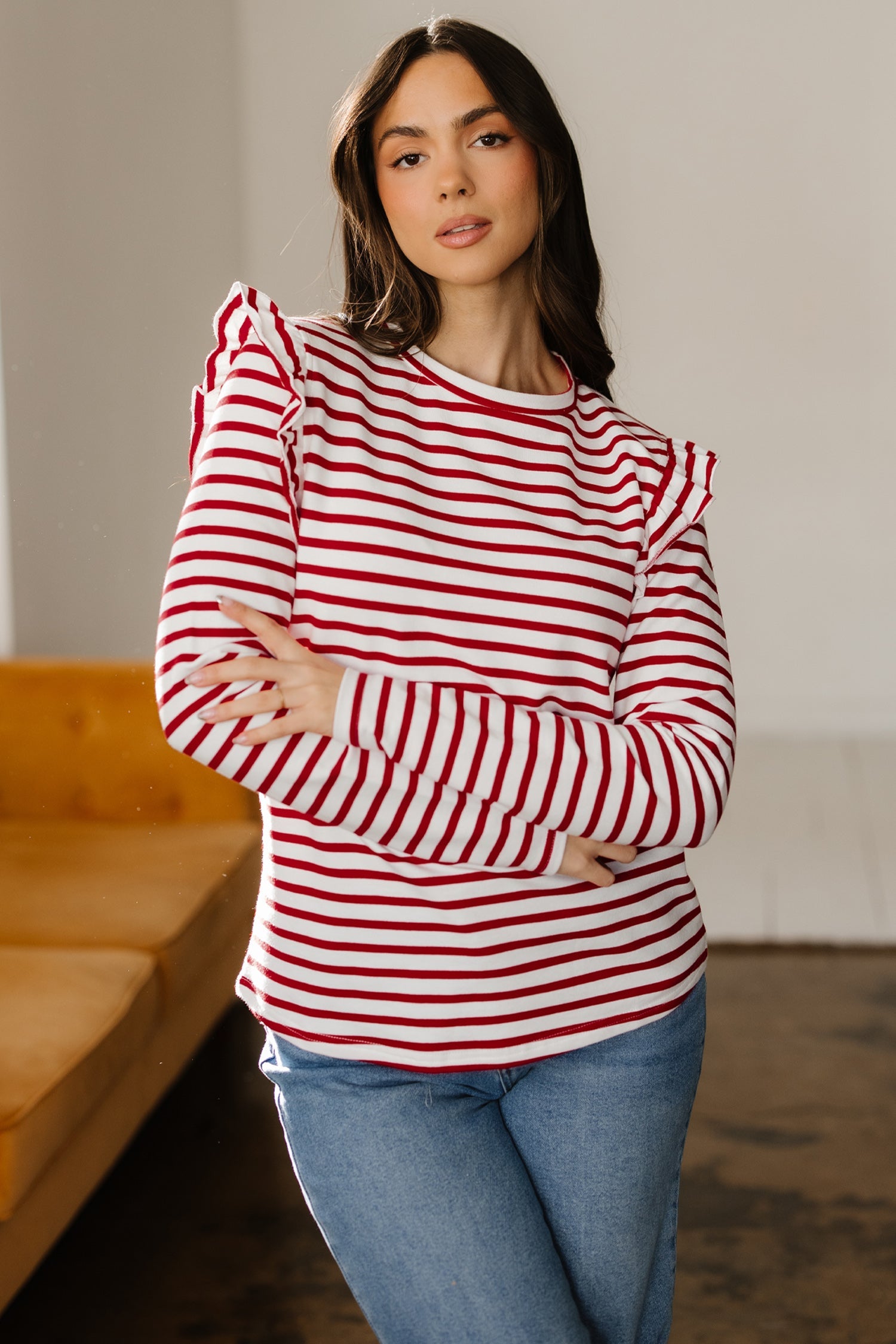 Stripe Round Neck Ruffle Trim Long Sleeve Top - Tops/Long Tops