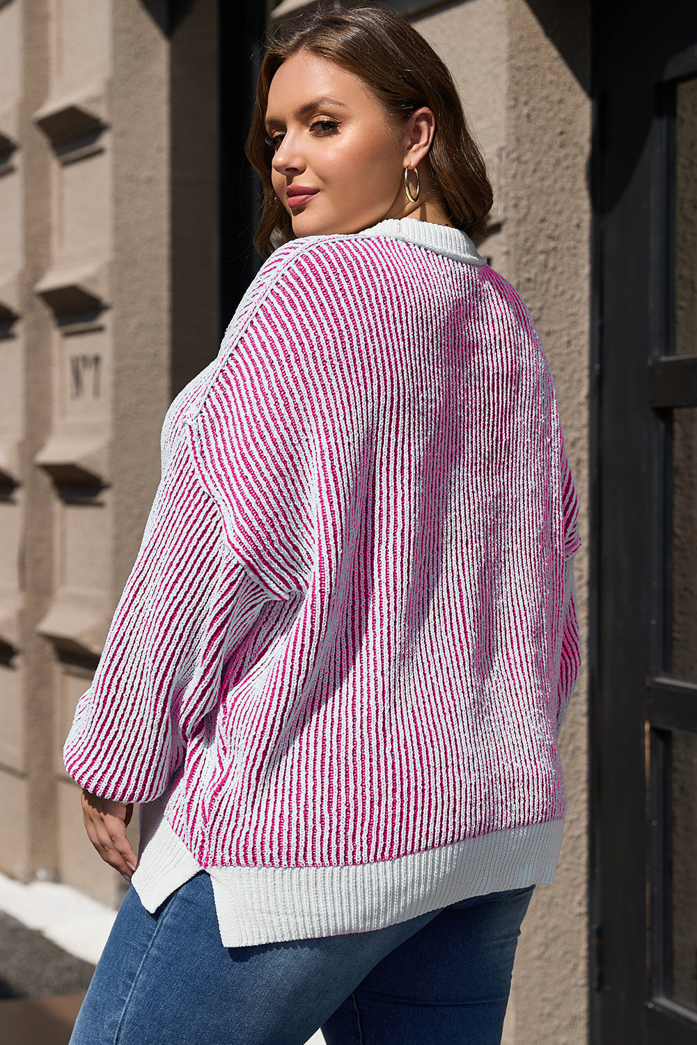 Bright Pink Striped Textured Knit Contrast Edge Loose Sweater eAura